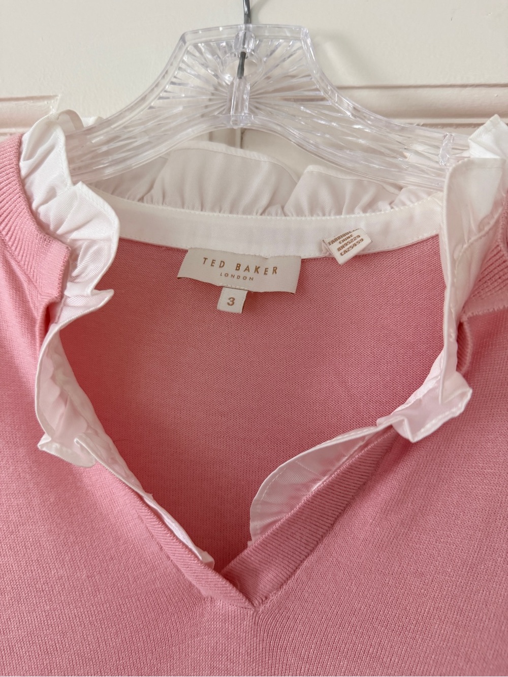 Ted Baker Pink V-Neck Sweater with White Ruffle Trim
